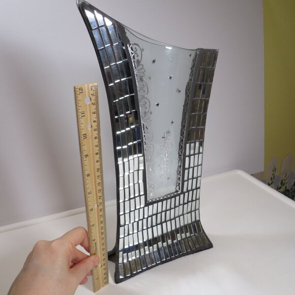 Sculptural Mosaic Mirrored Tiled Glass Vase w clear glass bowed center Modern - Picture 1 of 17